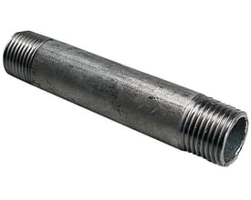 Galvaniseret nippelrør af stål, 100 mm lang med R2" udvendigt gevind i begge ender til varmeanlæg.