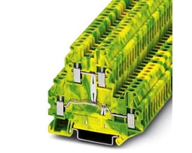 Detaljeret nærbillede af Phoenix Contact UTTB 2,5-PE jordleder-etageklemme, fremviser monteringen og de to etager med skruetilslutning og gul/grøn farve.