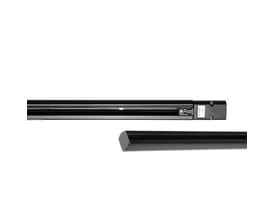 V-TAC 3-faset strømskinne i sort, 1,5 meter lang, vist med en afslutningskappe og monteringsdetaljer.