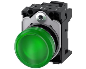 Siemens 22mm rund signallampe i metal med højglans finish og grøn, glat linse.