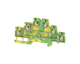 Gennemgangsklemme A3T 1.5 PE fra Weidmüller, vist med et snit, der fremhæver de 3 niveauer og push-in-tilslutninger.