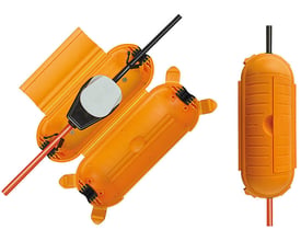 Brennenstuhl Safe-Box elkappe stor, gul, IP44 vist åben og lukket, med tydelig adgang til kabler og samlinger.