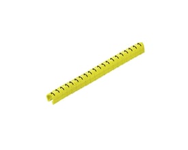 Gult Weidmüller-kabelkodningssystem med sorte nummermarkeringer på en lang, opdelt mærkestrimmel til ledninger på 4–5 mm.