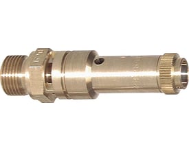 Tættere view af Norgren sikkerhedsventil i messing, der viser 3/8" gevindet og ventilens konstruktion. Godkendt til trykluft med op til 11 bar.