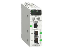 Schneider Electric Modicon X80 ERIO Drop adapter til backplane uden Ethernet med 3 Ethernet porte, model CRA31210C, på en neutral baggrund.