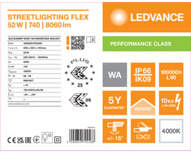Teknisk specifikationsgrafik for Ledvance Streetlight Flex S-gadebelysning med 52 W og 8060 lm.