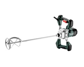 Metabo RWE 1200 røremaskine på 1200 W med langt piskeris, grønne håndtag og sølvfarvet gearhus.