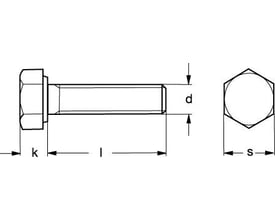 Teknisk illustration af M30x80 ISO 4017 A4 sætskrue, der viser dimensioner som k, l, d og s.