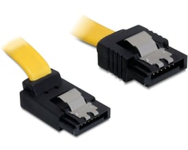 Gult Delock SATA-kabel på 0,5 meter med to vinklede 7-pin stik og synlige låseclips.