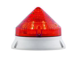 Sirena advarselslampe 12/24V AC/DC i rød med hvid base, designet til industriel brug og montering på maskiner.