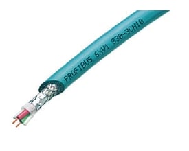 Siemens Profibus festoon kabel med 2 snoede ledere og skærm, tekst 'PROFIBUS 6XV1 830-3CH10' synlig på den turkisblå kappe.