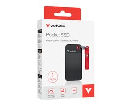 Verbatim Pocket SSD 1TB i sort og rød indpakning, viser USB 3.2 Gen 2 og nøgleringsfunktion.