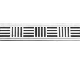 Unidrain ClassicLine Inca rist i børstet rustfrit stål, 800 mm lang, med gentagne striber og firkanter.