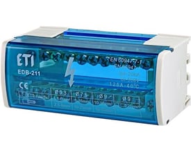 ETI 2-polet distributionsblok 125A, model EDB-211, med blå transparent dæksel og hvide kabinet. Viser tilslutningsmuligheder for kabler og standardmærkninger.