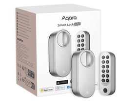 Aqara Smart Lock U200 Kit i sølv med emballage, der viser nøglefri adgang, Matter og Apple HomeKit integration.