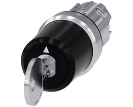Siemens nøgleafbryder C, 22mm rund med skinnende metalfront og sort cylinder. Nøglen er delvist indsat i låsen. Med 3 kontaktpositioner I-O-II.