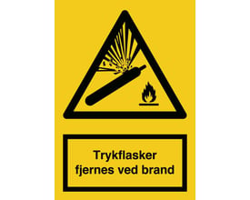 Advarselsskilt i A5 format og gul vinyl med sort ramme, der viser en eksploderende trykflaske og flammer.