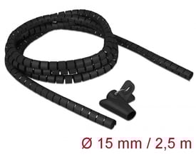 DeLock spiral slange i sort plast, 2,5 meter lang og 15 mm i diameter, med et medfølgende indsætningsværktøj.