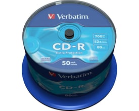 Verbatim CD-R på spindel med blå etiketteret top, 700 MB kapacitet og skrivehastighed på 52x.