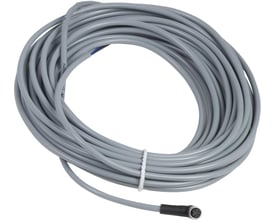 Schneider Electric sensorkabel XZCPV, 10 meter, gråt PVC-kabel med 4-polet M8 hun vinkelstik og hvid kabelbinder.