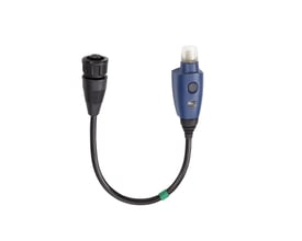 Schneider Electric teach jumper kabel til ultralyd, med sort M12-stik og blå programmeringsenhed med knapper og lysindikator.