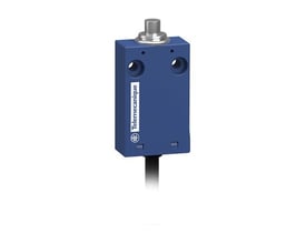 Telemecanique Sensors XCMH2110LA1 endestopkontakt med blåt hus, metalstempel øverst og kabel nedenunder.