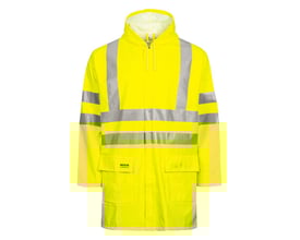 Lyngsøe Rainwear gul Hi-vis regnjakke FR-LR55 i 3XL med flammehæmmende beskyttelse og reflekser for øget synlighed.