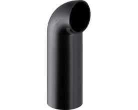 Geberit PEH bøjning 90°, 90 mm, i sort PEH materiale med lille radius, vist på hvid baggrund.