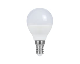 V-TAC P45 LED pære med E14 fatning og hvid plastkuppel på isoleret hvid baggrund.