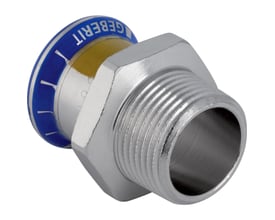 Geberit Mapress 15 mm x 1/2" overgang RFG muffe/nippel i rustfrit stål, med synlig blå Geberit-markering.