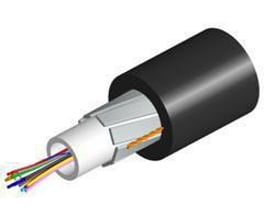 CommScope LazrSPEED 300 Uni tube fiberkabel med 12xOM3 fibre og sort LSZH kappe, afbildet med synlige farvekodede fibre.