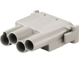 Weidmüller HDC Industristik 4-polet modular indsats med crimp-ben i grå plast på hvid baggrund.