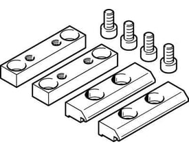 Festo profilbefæstigelse EAHF-G1-45-P med fire fastgørelseselementer og fire bolte, vist som en skitse i grå toner.