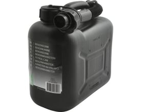 Sort 5 liters benzindunk med UN-godkendelse og praktisk håndtag samt hældetud.