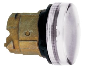 Sidevisning af Schneider Electric Harmony Style 4 lampehoved med hvid linse og LED, viser robust monteringsmekanisme.
