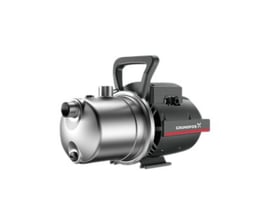 Grundfos JP 5-48 jetpumpe, der viser den kompakte konstruktion med integreret håndtag og den slanke profil på det rustfri stålpumpehus.