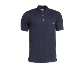 Tranemo Workwear flammehæmmende poloshirt i navy, str. M, med brystlomme og knaplukning foran.