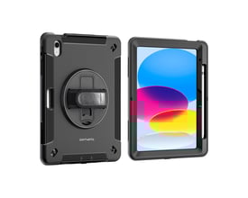 4smarts Rugged Case Grip i sort TPU-materiale, der viser forsiden med en tablet og bagsiden med håndstrop. Perfekt beskyttelse mod fald.