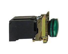 Schneider Electric komplet grøn lampe med kromfront, BA9s sokkel og transformer, vist fra siden.