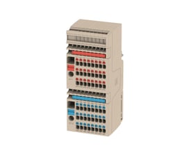 Detaljeret visning af Weidmüller beige distributionsblok, der viser den venstre side med mærkning '1' og '2'.