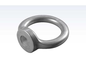 Roliba øjemøtrik, varmforzinket, 10 mm med øje på 25 mm, set skråt forfra med gevindåbningen synlig.