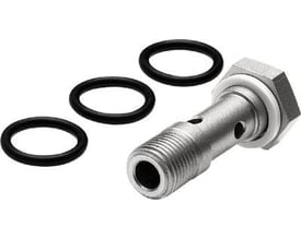 Festo hollow bolt VT-1/8-PRSK i metal med gevind og tre sorte O-ringe placeret til venstre.
