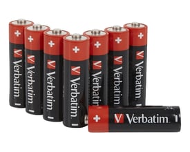 Verbatim AA alkaline batterier, 1.5V, 8 stk. i sort med rød top og logo.