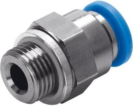 Festo lige forskruning QS-G3/8-16 i metal med blå plast-låsring på hvid baggrund.