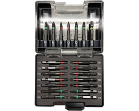 BaTo bitssæt med 21 dele i Torsion-design, 1/4" x 50 mm, vises i åben sort opbevaringsboks med grønne, røde og gule markeringer.