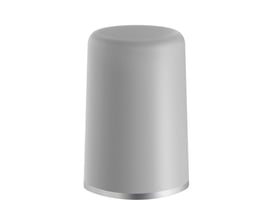 Beslagsboden dørstop til gulv eller væg i grå børstet rustfrit stål med afrundet top og cylindrisk form.