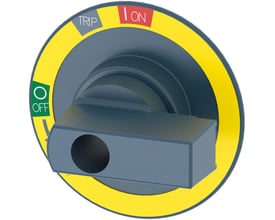Siemens drejegreb til nødstop, grå med gul kant og markeringer for ON, TRIP og OFF.