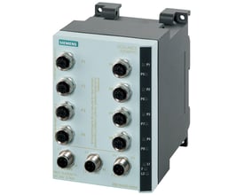 Siemens SCALANCE X208PRO managed IE switch med otte 10/100Mbit/s M12 Ethernet-porte og fejlsignalkontakter.