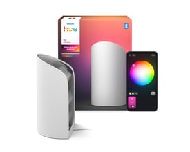 Philips Hue Play wall washer i hvid med æske og smartphone der viser lysindstillinger.