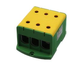 Elit Centech AL/CU trippelklemme i gul og grøn, set skråt forfra med tre tilslutningsåbninger til 35–240 mm².